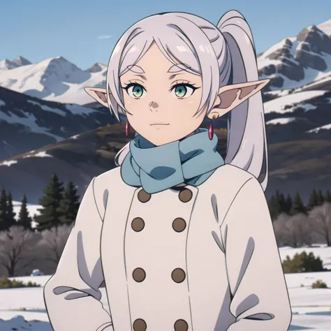 <lora:èèè®1Ve:1> elf, white grey long hair, green eyes, earrings, pointy ears, ponytail, twintails, parted bangs, thick eyebrows, winter clothes, blue scarf, long sleeves, white coat, buttons,
smug,
outdoors, winter, mountains
<lora:GoodHands-beta2:1>