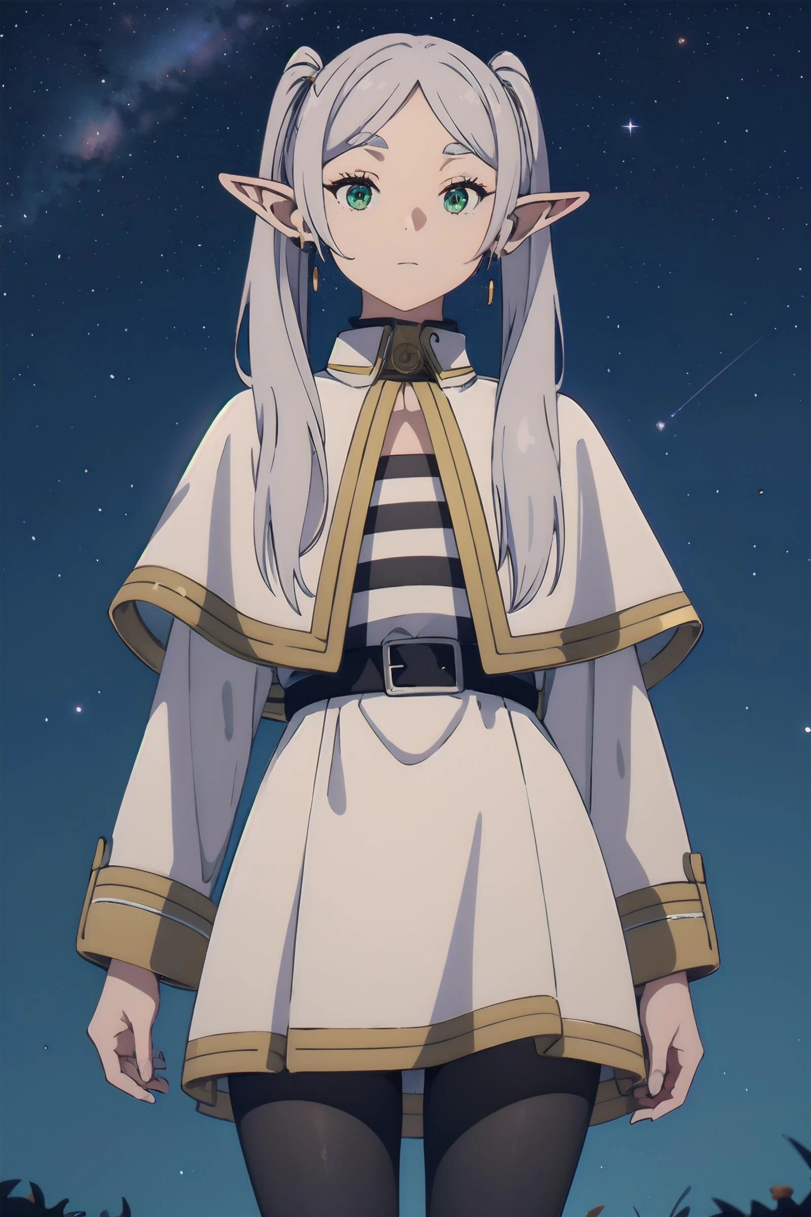 1girl,solo,elf,white hair, grey hair, earrings, pointy ears, long hair, ponytail, green eyes, twintails, parted bangs, thick eyebrows,
collared capelet, white capelet, striped shirt, long sleeves,striped, white skirt,
pantyhose,
night sky, stars, galaxy, milkyway,
<lora:Frieren1Ve:1>
