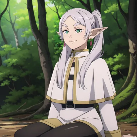 <lora:èèè®1Ve:1> elf, white grey long hair, green eyes, earrings, pointy ears, ponytail, twintails, parted bangs, thick eyebrows, white collared capelet, white striped shirt, long sleeves, pantyhose,
smirk, wariza, sitting,
outdoors, forest
<lora:GoodHands-beta2:1>