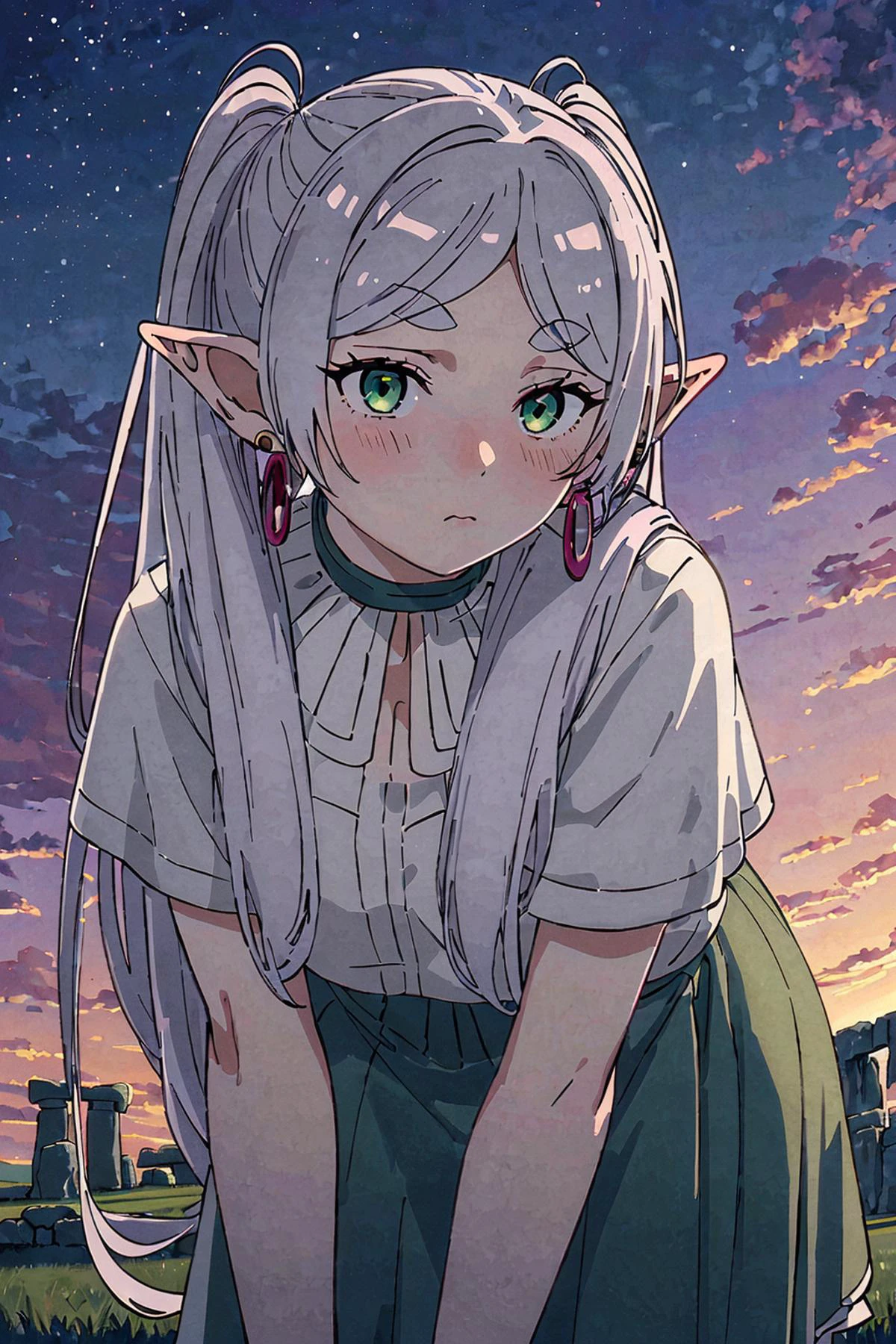<lora:èèè®1Ve:0.9> white hair, grey hair, earrings, pointy ears, long hair, ponytail, green eyes, twintails, parted bangs, thick eyebrows,, (masterpiece, top quality, extremely detailed, best quality, beautiful and aesthetic:1.2), (1girl:1.3), original, high resolution, surreal,, from below, stonehenge, dusk, leaning forward, (strapless, layered skirt), shy, blush, (masterpiece, top quality, extremely detailed, best quality, beautiful and aesthetic:1.2), (1girl:1.3), original, high resolution, surreal,