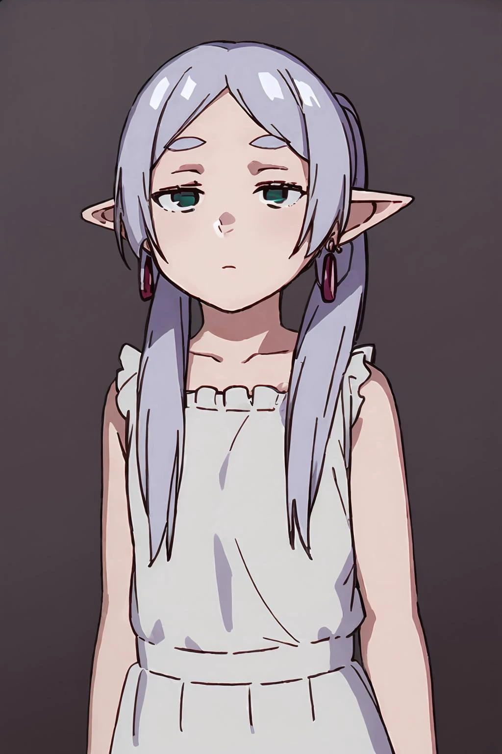 ((masterpiece)), ((best quality)), 1girl, solo, elf, white hair, grey hair, earrings, pointy ears, long hair, ponytail, green eyes, twintails, parted bangs, thick eyebrows, cowboy shot, <lora:èèè®1Ve:1>, jitome, empty eyes, expressionless, <lora:jitome:0.8>,