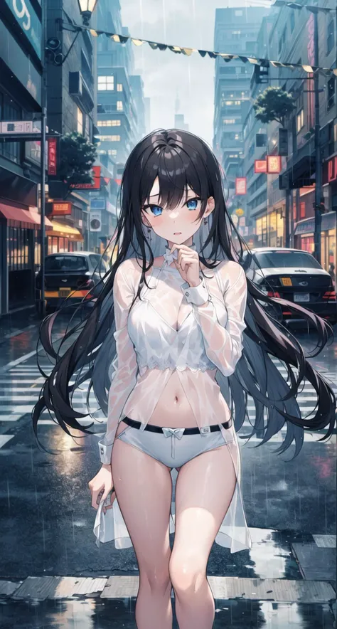 masterpiece, best quality,a girl,black long hair,blue eyes,cold expression,close mouth
white sheer,see-through
standing
raining,city,street,,road,center frame