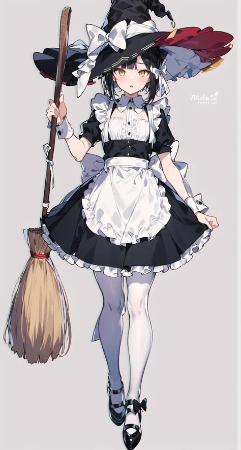 masterpiece, best quality,1girl, apron, bangs, black_bow, black_dress, black_footwear, black_hair, black_legwear, bow, broom, broom_riding, dress, frilled_apron, frills, full_body, grey_background, hand_on_headwear, hat, hat_bow, holding, holding_broom, maid, maid_apron, pantyhose, parted_lips, puffy_short_sleeves, puffy_sleeves, shoes, short_sleeves, solo, standing, waist_apron, white_apron, white_bow, white_headwear, white_ribbon, witch, witch_hat, yellow_eyes