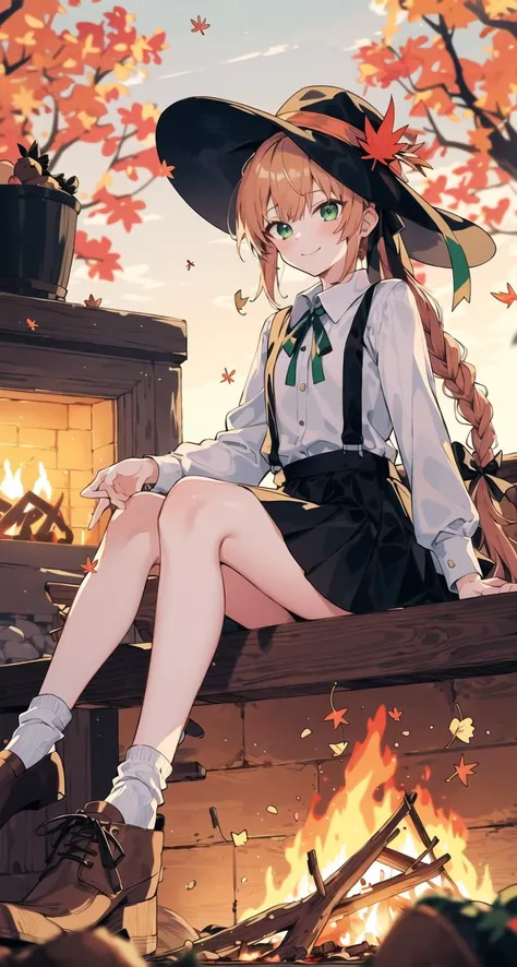 masterpiece, best quality,1girl, acorn, animal, autumn, autumn_leaves, bangs, black_footwear, blurry_foreground, braid, burning, campfire, closed_mouth, collared_shirt, explosion, falling_leaves, fire, fireplace, flame, ginkgo_leaf, green_eyes, hair_ribbon, hat, holding_leaf, leaf, long_hair, long_sleeves, looking_at_viewer, maple_leaf, molten_rock, orange_sky, outdoors, ribbon, shirt, shoes, sitting, skirt, smile, socks, solo, squirrel, sunset, suspenders, sweet_potato, tree, white_shirt