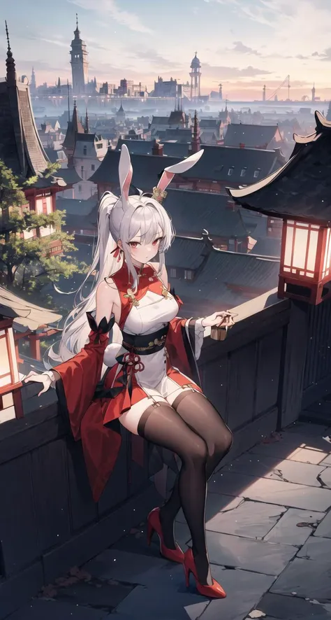 masterpiece, best quality,1girl, animal_ears, architecture, bangs, bridge, building, castle, city, cityscape, detached_sleeves, dress, east_asian_architecture, eyebrows_visible_through_hair, high_heels, holding, long_hair, looking_at_viewer, outdoors, pagoda, ponytail, rabbit_ears, red_eyes, rooftop, ruins, shrine, sidelocks, silver_hair, skyline, skyscraper, solo, stairs, thighhighs, tower, town