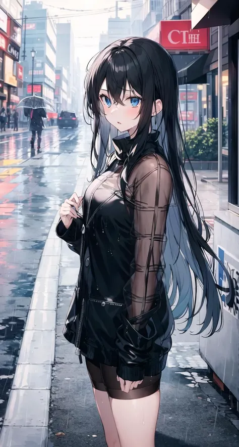 masterpiece, best quality,a girl,black long hair,blue eyes,cold expression,close mouth
white sheer,see-through
standing
raining,city,street,,road,center frame