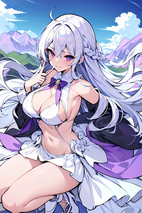 girl, silver hair, long hair, floating hair, purple eyes, large breasts, thighs, cleavage, sideboob, white dress, sleeveless dress, backless dress, cleavage cutout, navel cutout, white high heels, finger to mouth, light smile, looking at viewer, flowers, mountains background