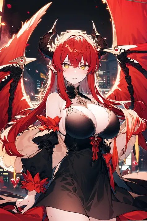 (masterpiece), best quality, highly detailed,extremely detailed CG unity 8k wallpaper,illustration,a girl,(black hair),balck dress,yellow eyes,annoyed,black,red fire around,Black sleeve,black horn,fisheye,(red horn),dragon wings,huge wings,red dress,summer dress,red hair,Blood stain,center frame,Flame,blood,be injured