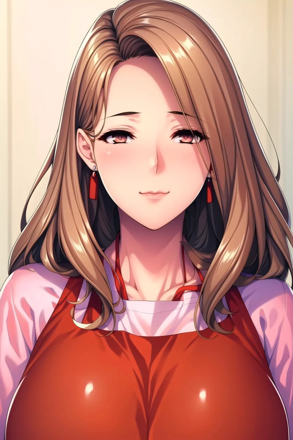 Simple White Background,
(red_apron:1.5),pink skirt, pink shirt,
<lora:Takayanagi_Utano_mother_in_law-KK77-V1:0.7>,collarbone,earrings, jewelry,necklace,
bangs, brown eyes, brown hair,
<lora:Oda_Non_Style-KK77-V2:0.3>,<lora:more_details:0.1>,
1 girl, 20yo,Young female,Beautiful Finger,Beautiful long legs,Beautiful body,Beautiful Nose,Beautiful character design, perfect eyes, perfect face,expressive eyes,perfect balance,
looking at viewer,(Focus on her face),closed mouth, (innocent_big_eyes:1.0),(Light_Smile:0.3),
official art,extremely detailed CG unity 8k wallpaper, perfect lighting,Colorful, Bright_Front_face_Lighting,White skin,
(masterpiece:1.0),(best_quality:1.0), ultra high res,4K,ultra-detailed,
photography, 8K, HDR, highres, absurdres:1.2, Kodak portra 400, film grain, blurry background, bokeh:1.2, lens flare, (vibrant_color:1.2),professional photograph,
(Beautiful,large_Breasts:1.4), (beautiful_face:1.5),(narrow_waist),
