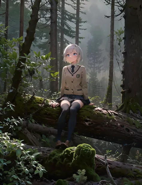 impasto, painting, deep forest,((cloudy)),dark,pine tree,((raining)),low light,shrub, forest, shade, outdoors,fallen leaves, tree, nature, scenery,1girl,looking afar, white hair,short hair,blue eyes,school uniform,jk,black thighhighs,sitting,mossy,portrait <lora:forest:1:FO>