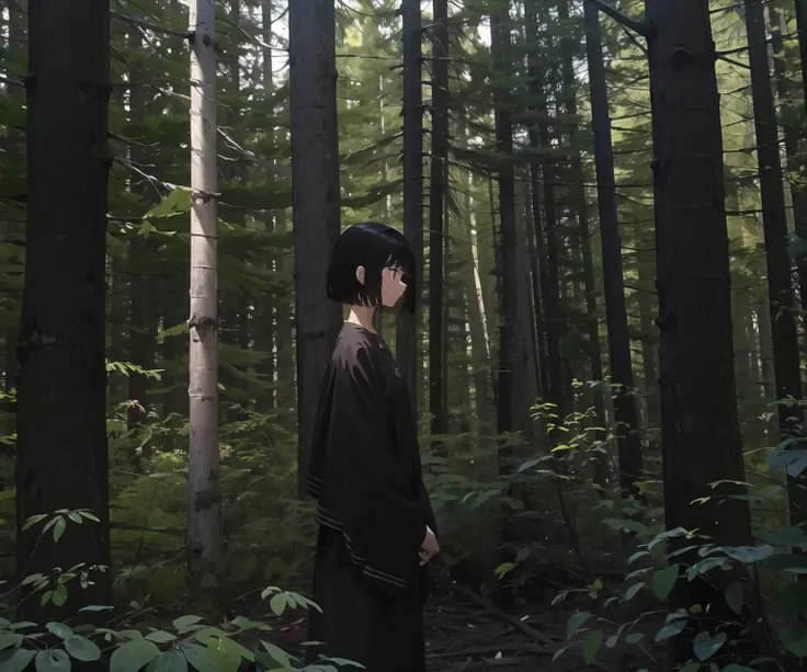 impasto, painting,1girl, solo, short hair, black hair, outdoors, tree, night, nature, forest, dark