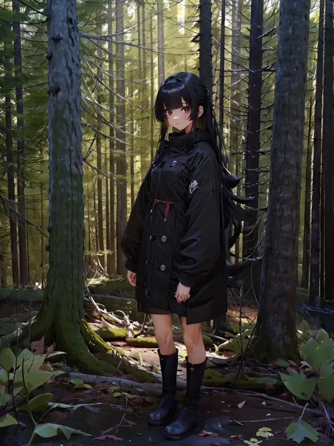 ((masterpiece)), ((ultra-detailed)), pixiv, best shadows, best lighting, best quality, absurdres, highres, cinematic shot, extremely detailed, <lora:impasto_lion_def_bs4_:1:FO>, tree, shrub, moss, moss cover branches, nature, scenery, fallen leaves, pine tree, forest,1girl,solo, looking at viewer, standing, wear raincoat, black long boots, black hair, red eyes, shirt, long hair, ringed eyes, ribbon