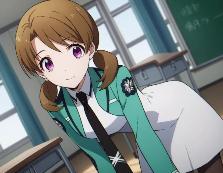 score_9, score_8_up, score_7_up, source_anime,
honokamitsui, <lora:honoka-mitsui-s2-ponyxl-lora-nochekaiser:1>,
honoka mitsui, bangs, brown hair, twintails, purple eyes, low twintails,
long sleeves, dress, school uniform, pantyhose, necktie, white dress, black necktie,
indoors, classroom, bent over, smile,
solo, dutch angle, looking at viewer, cowboy shot,