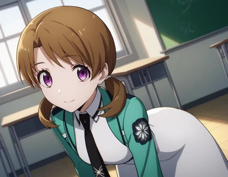 score_9, score_8_up, score_7_up, source_anime,
honokamitsui, <lora:honoka-mitsui-s2-ponyxl-lora-nochekaiser:1>,
honoka mitsui, bangs, brown hair, twintails, purple eyes, low twintails,
long sleeves, dress, school uniform, pantyhose, necktie, white dress, black necktie,
indoors, classroom, bent over, smile,
solo, dutch angle, looking at viewer, cowboy shot,