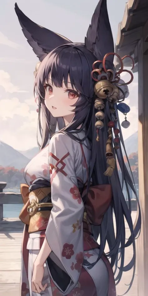 yuel\(origin\), 1girl, upper body, autumn, kimono, japanese clothes, floral print, arms behind back, <lora:Yuel_V3f:0.7>