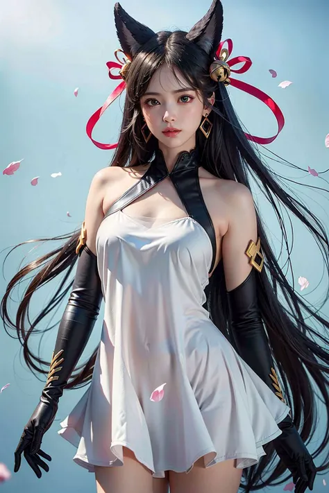 (masterpiece,best quality,ultra high res:1.2),(photo-realistic:1.3),
1girl,solo,(looking at viewer,young face,fair skin,flawless skin:1.3)
(floating long hair:1.1),(ulzzang6500V:1.2),flameSurgeStyle,
-
(low plunging:1),(jewelry,earrings),(cowboy shot:1.5),[(thighs:1.5)::3],
[(light blue background:1.5)::5],[(sky,simple sky background:1.5):5],
(falling-petals:1.3),
-
  <lora:YuelV3f:1:lbw=fz5>,(white dress,bell hair ornament,animal ears,black elbow gloves,yuel1.2),(bare shoulders,halterneck,see-through,sideless outfit,sideboob:1.2),