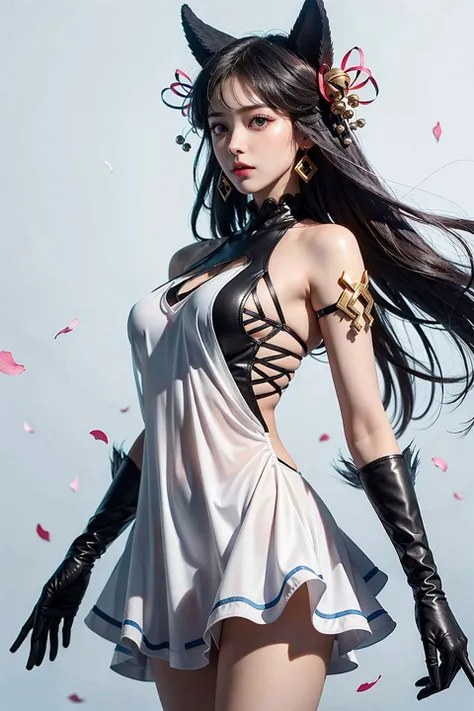 (masterpiece,best quality,ultra high res:1.2),(photo-realistic:1.3),
1girl,solo,(looking at viewer,young face,fair skin,flawless skin:1.3)
(floating long hair:1.1),(ulzzang6500V:1.2),flameSurgeStyle,
-
(low plunging:1),(jewelry,earrings),(cowboy shot:1.5),[(thighs:1.5)::3],
[(light blue background:1.5)::5],[(simple sky background:1.5):5],
(falling-petals:1.3),
-
  <lora:Yuel_V3f:1:lbw=fz5>,(white dress,bell hair ornament,short dress,fur-trimmed black gloves,yuel1.2),(bare shoulders,halterneck,see-through,sideless outfit,sideboob:1.2),