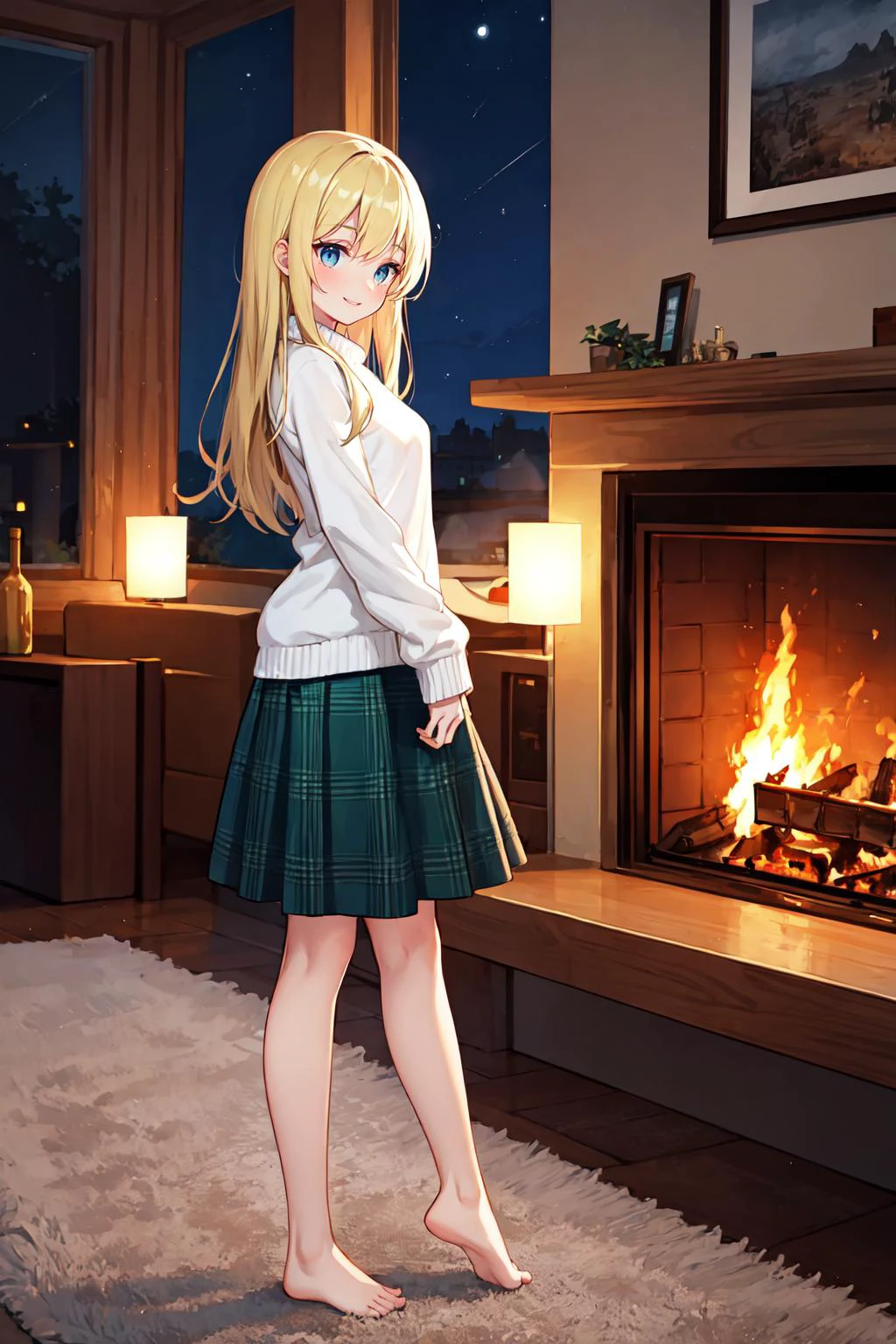 best quality, ultra detailed, 1girl, solo, round eyes, blue eyes, smile, blond hair, standing, small breast, profile,
long hair, straight hair, from side, full body, (night:1.4), in front of fireplace, carpet,
BREAK
white sweater, oversized sweater, dark green skirt, plaid skirt, (long skirt:1.3), barefoot