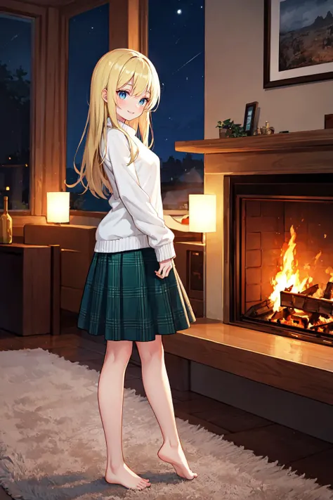 best quality, ultra detailed, 1girl, solo, round eyes, blue eyes, smile, blond hair, standing, small breast, profile, 
long hair, straight hair, from side, full body, (night:1.4), in front of fireplace, carpet, 
BREAK
white sweater, oversized sweater, dark green skirt, plaid skirt, (long skirt:1.3), barefoot