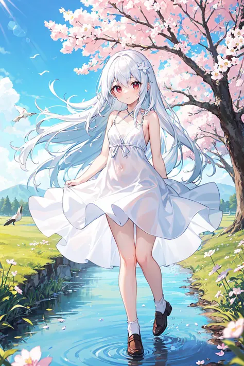 (Highest picture quality), (Master's work),(Detailed eyes description),(Detailed face description),
1girl,red eyes,white hair,(very long hair),very long hair (floating in the wind),hair ornament,white dress,small breast,bare legs,white socks,leather shoes,arms and hands behind back,blush,fluttering grass,(spring,sakura blossoms),petals,(lens flare),altocumulus,dazzling light,cool breeze,(shade) of [a sakura tree],meadow,(the grass is growing and the birds are flying),(lake,surface reflection)