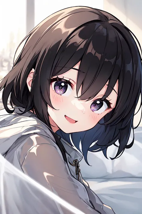 1 girl, best quality, amazing intricate, round eyes, happy, smile, medium breast,
black hair, medium hair, , ruffling hair,
From Side, portrait, resting on a diagonal,
eye strain transparent raincoat, CMYK detached pants,
in a bedroom