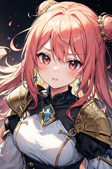 1 girl, best quality, amazing intricate, round eyes, Depict a Knight fighting for their kingdom's honor, Brigandine Armor, Baroness, Average Height, Firm, Triangular Face, Tan Skin, Red Hair, peach Eyes, Narrow Nose, Pouty Lips, Round Chin, Long Hair, Coarse Hair, Twisted Bun, natural breasts, Clip-on earrings, peach sheer lipstick