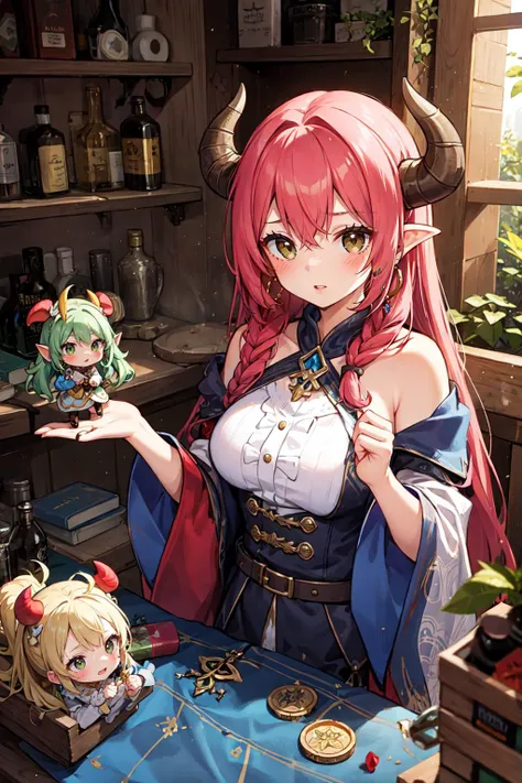 1 girl, best quality, amazing intricate, round eyes, minotaur, hippogriff, troll, Alchemist with a vial of glowing liquid, Countess, Average Height, in shape, Diamond-Shaped Face, Olive Skin, Red Hair, peach Eyes, Wide Nose, Thick Lips, Receding Chin, Long Hair, Straight Hair, Lace Braid, firm breasts, Dangle earrings, rose stain lipstick, Hippogriff, Giant's House, Gnome Hideout