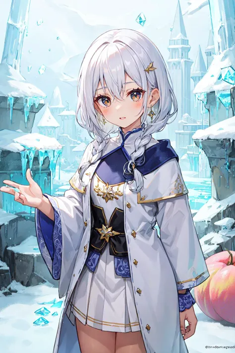 1 girl, best quality, amazing intricate, round eyes, Frozen tundra with ice sculptures and crystalline wildlife., Alchemist in a magical robe, Siren, Short, Toned, Square Face, Tan Skin, White Hair, peach Eyes, [[Curved Nose]], Thick Lips, Receding Chin, Long Hair, Fine Hair, Smooth Waves, soft breasts, Clip-on earrings, terracotta gloss lipstick