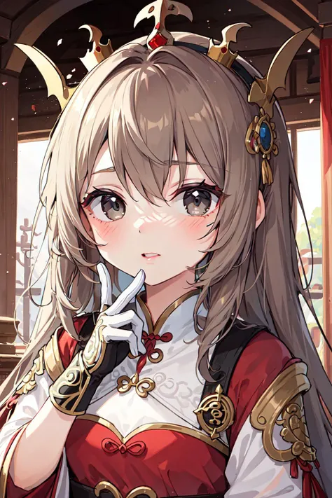 1 girl, best quality, amazing intricate, round eyes, Mushu, crown, Noblewoman's gown, gloves, and jewelry, Artist, Average Height, Toned, Oval Face, Fair Skin, Brunette Hair, grey Eyes, Long Nose, Full Lips, Prominent Chin, Long Hair, Straight Hair, French Roll, firm breasts, , terracotta matte lipstick