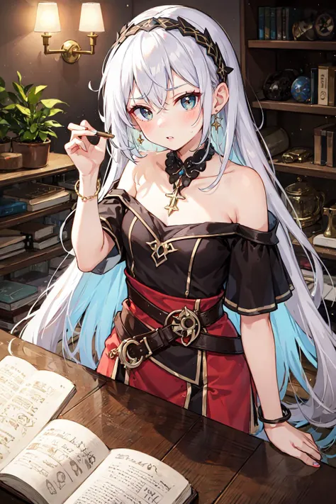 1 girl, best quality, amazing intricate, round eyes, Hunched over an open tome, deciphering ancient formulas, Alchemist in rags, Femme fatale, Tall, in shape, Diamond-Shaped Face, Fair Skin, White Hair, coral Eyes, [[Curved Nose]], Pouty Lips, Round Chin, Shoulder-Length Hair, Fine Hair, Braided Headband, soft breasts, Drop earrings, brown gloss lipstick