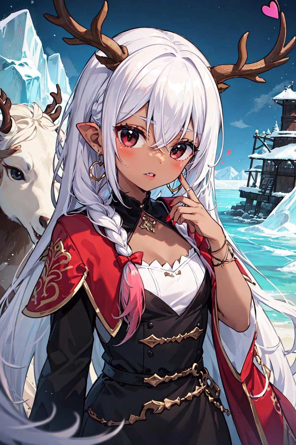 1 girl, best quality, amazing intricate, round eyes, ice deer fawns, chimera, vampire, Lookout towers, Duchess, Short, Fit, Heart-Shaped Face, Dark Skin, Red Hair, black Eyes, Wide Nose, Thick Lips, Prominent Chin, Long Hair, Straight Hair, Dutch Braid, augmented breasts, Hoop earrings, fuchsia velvet lipstick