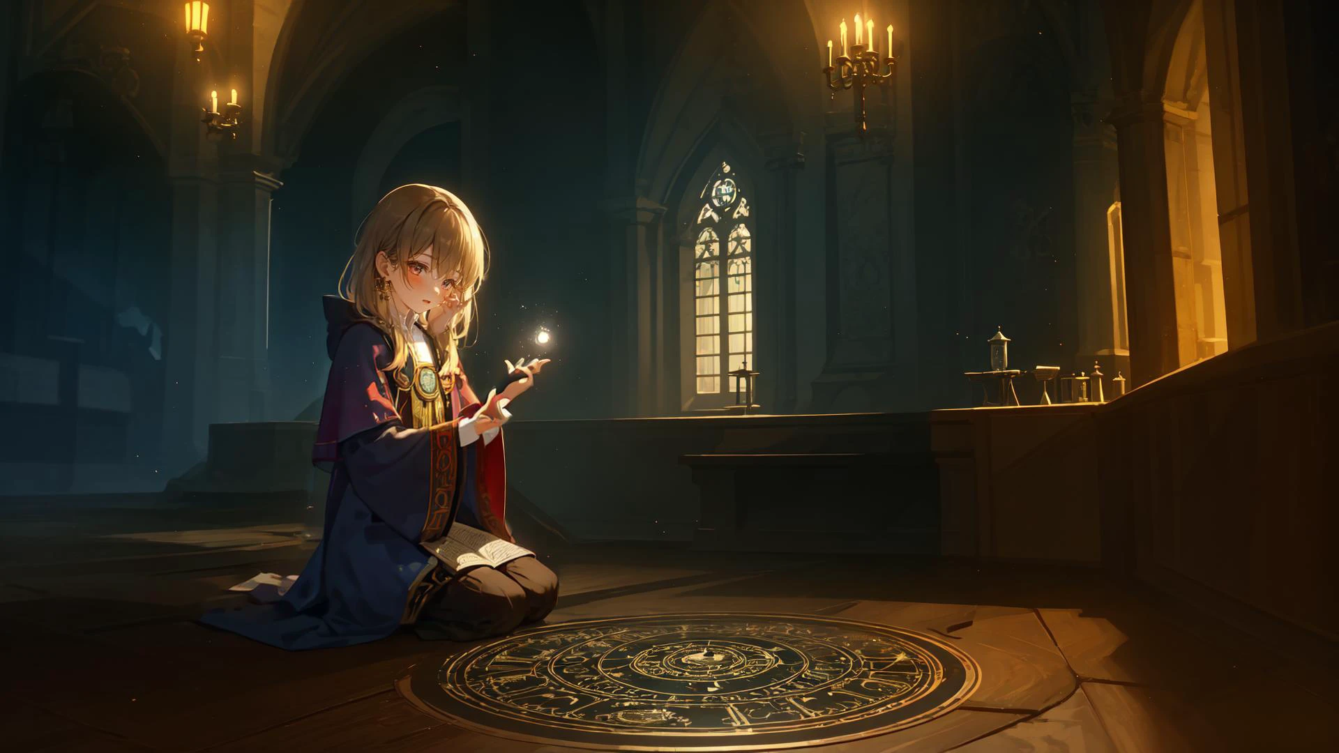 1 girl, best quality, amazing intricate, magic laboratory, small, dimly lit room, bewitching magic circle, medieval europe, fantasy, a wizard girl performing some kind of ritual, <lora:lowkey_v1.1:1>, <lora:backlighting:0.4>