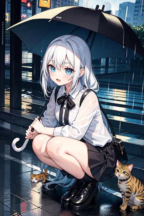 cute girl and cat. cute clothes, skirt, squatting, torrential rain, umbrella<hypernet:bad-hands-5:1.0><hypernet:bad-hands-5:1.0>