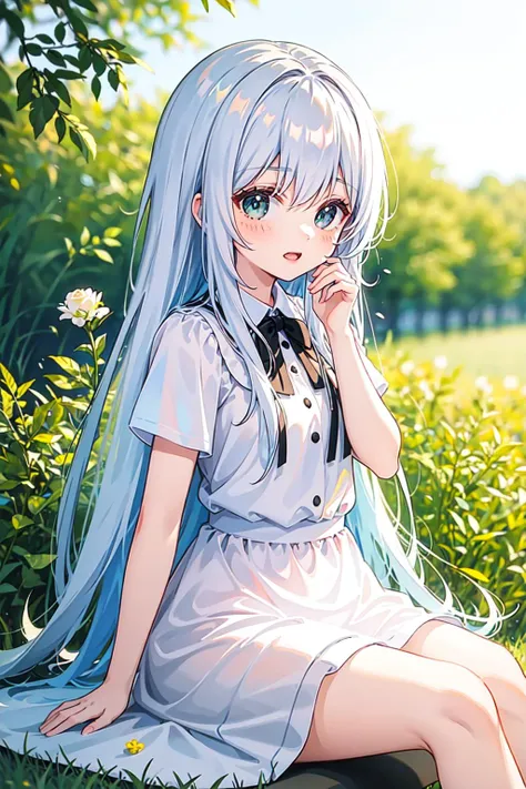 (masterpiece, best quality),1girl with long white hair sitting in a field of green plants and flowers, her hand under her chin, warm lighting, white dress, blurry foreground
