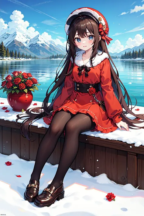 masterpiece,best quality,winter,snow field,1girl,bangs,blue eyes,blunt bangs,bonnet,brown footwear,brown hair,red dress,frills,fruit,full body,hat,long hair,long sleeves,looking at viewer,pantyhose,red flower,red rose,rose,shoes,sitting,solo,sky,sun,mountain,forest,lake,<hypernet:bad-hands-5:1.0><hypernet:bad-hands-5:1.0>