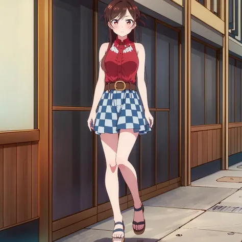 masterpiece,highres,high quality,extremely detailed,solo,
<lora:ChizuruMizuhara001:0.7>,looking at viewer,
ChizuruMizuhara,1girl,
half updo,long hair,
sleeveless red shirt,
belt,high-waist checkered skirt,
platform sandals,