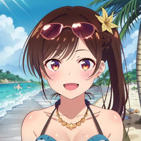 Anime,  girl, big breasts, Long hair light brown color, light brown eyes, blushing, smooth white skin, Looks very cute, Gentle and neat personality, Shy, Agasshi., Small and short, Pigtails-hair style, Sweet smile, Wearing Cute Bikini, Summer on the beach,