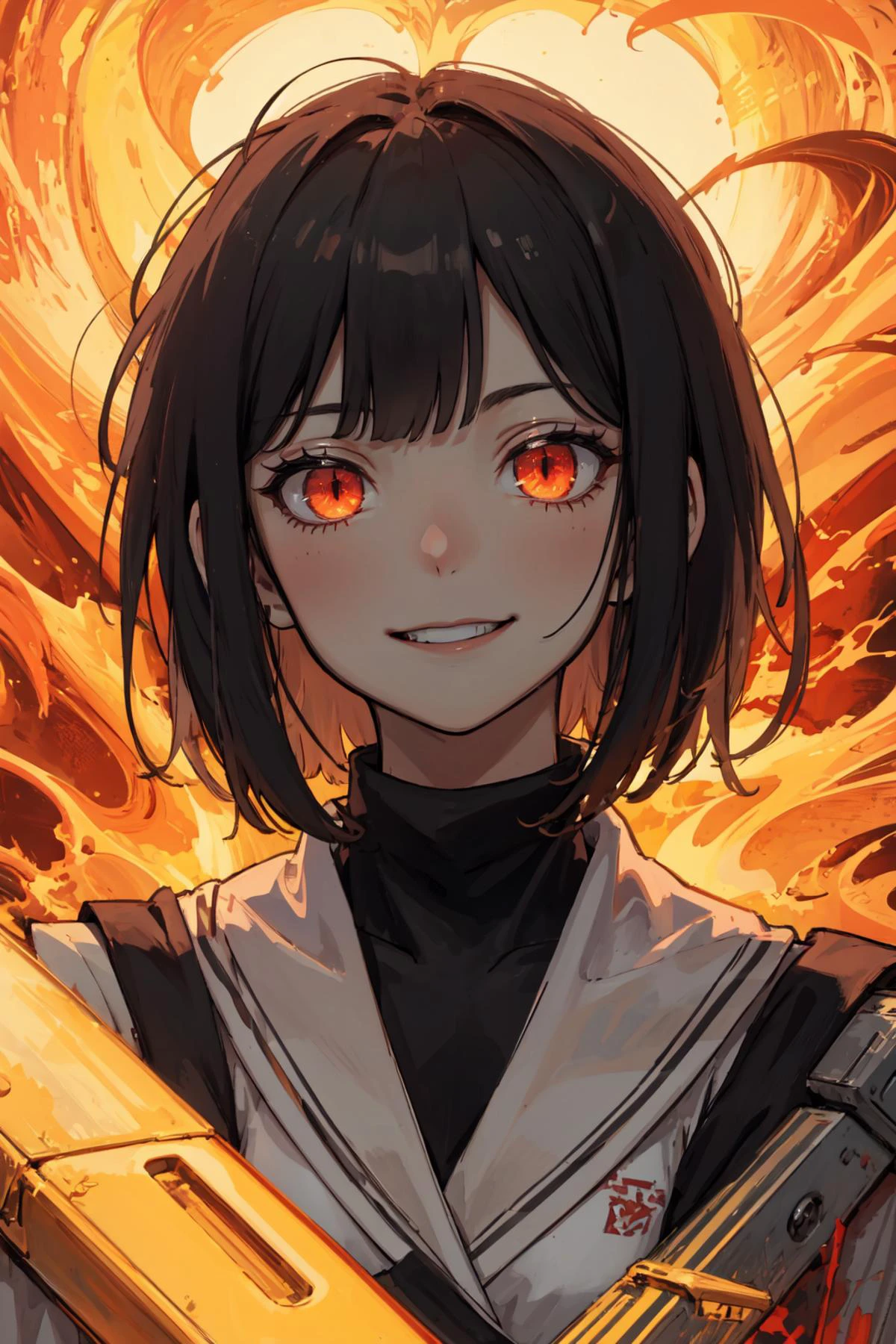 (best art,tyrannical,8k,golden ratio:1.3), perfect detail burning ruins background,ultra high temperature,atmospheric refraction,
dark red theme, red theme, (white skin,1girl,black short hair,red glowing eyes,ferocious smile,crazy:1.3),
ultra high res, masterpiece, best quality,<lora:Ryoshu-05:0.8> <lora:SlitPupils:0.5> IncrsSlitPupil, slit pupils