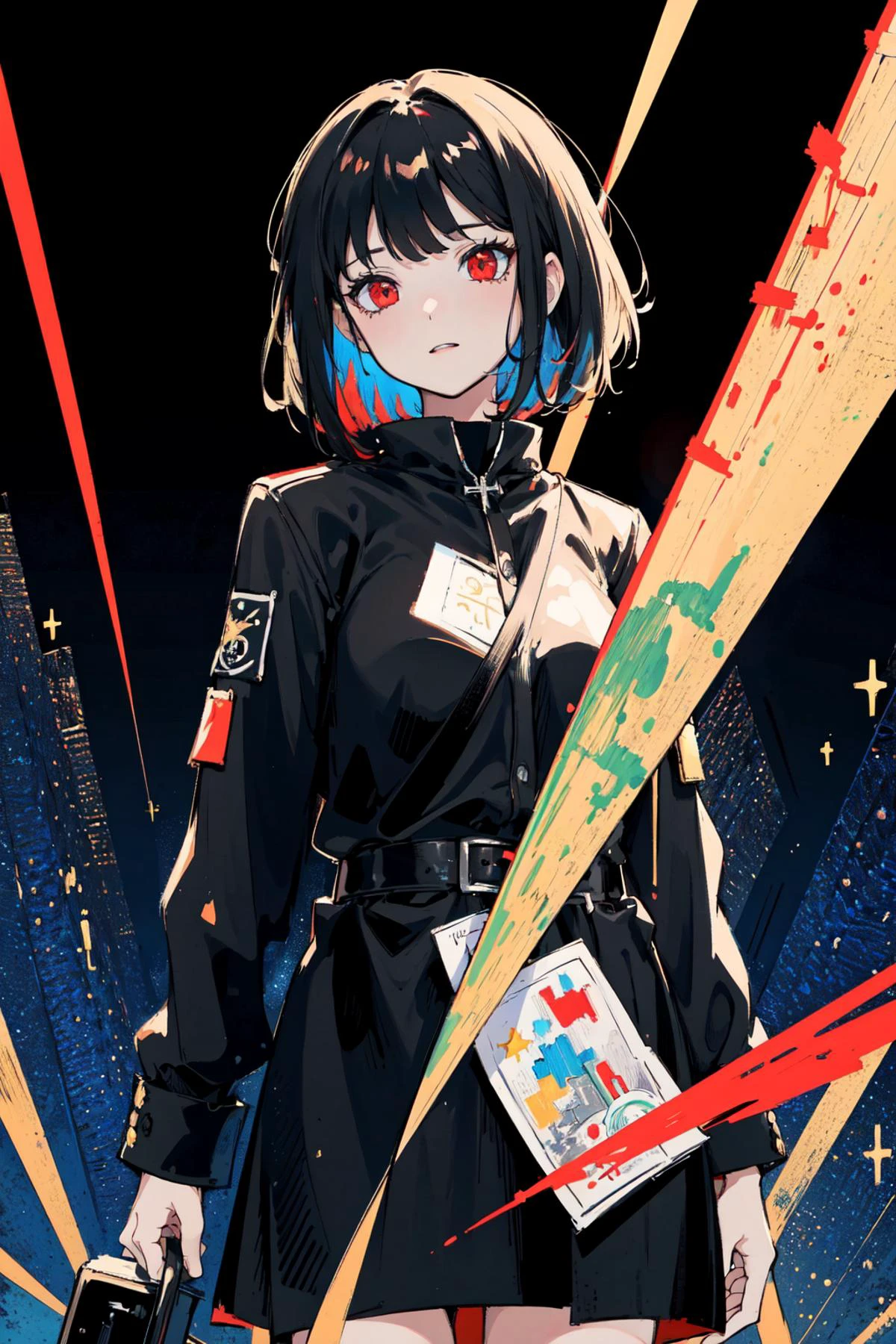 super detailed, (glowing background:1.25),(best art,masterpiece,best quality,:1.5),
(black theme,:1.3)
,8k,high-res,highest details,
1girl, red eyes, black hair, short hair,close mouth,
,flowing colorful ink,cross the stars, blackhole, clean cuts, paper, sharp edges, minimalist, color block, <lora:Ryoshu-05:0.8>