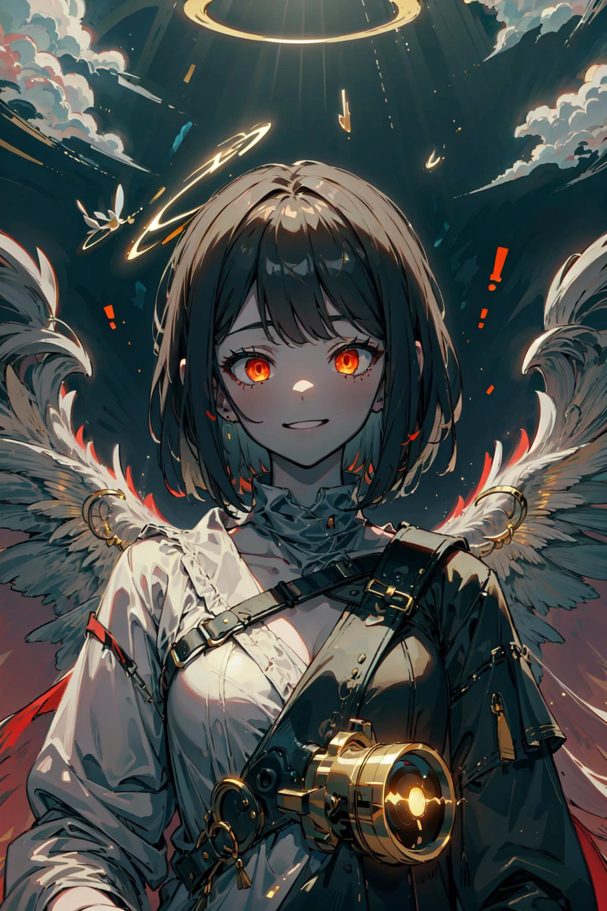 (best art,tyrannical,8k,golden ratio:1.3), perfect detail burning ruins background,ultra high temperature,atmospheric refraction,
dark red theme, red theme, (white skin,1girl,black short hair,red glowing eyes,ferocious smile,crazy:1.3),
ultra high res, masterpiece, best quality,<lora:Ryoshu-05:0.8> <lora:BlessedTech:0.8> blessedtech, blessed, aura <lora:4960_fireflies:0.7> fireflies