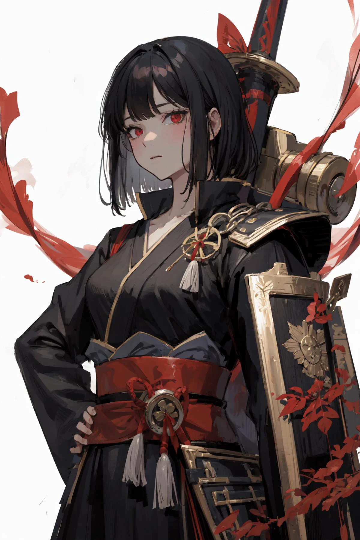 (best art,tyrannical,8k,samurai style giant sword,:1.3), perfect detail ruins background,
style of Etchings,golden ratio, dark red theme, red theme, white skin,1girl,black short hair,red glowing eyes,
ultra high res, masterpiece, best quality,<lora:Concept_SwordOverShoulder:0.2> weapon over shoulder,standing,hand on hip <lora:Ryoshu-05:0.8>