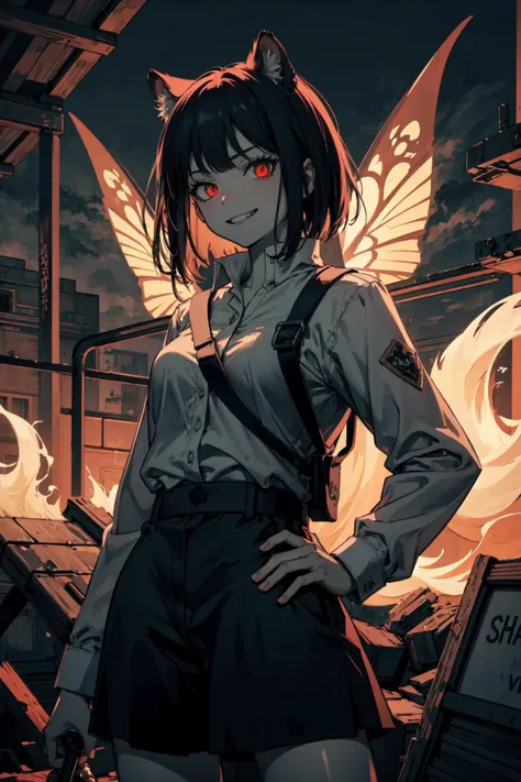 (best art,tyrannical,8k,golden ratio:1.3), perfect detail burning ruins background,ultra high temperature,atmospheric refraction, 
dark red theme, red theme, (white skin,1girl,black short hair,red glowing eyes,ferocious smile,crazy:1.3),fire butterflies,fire moths,
ultra high res, masterpiece, best quality,<lora:Ryoshu-05:0.8> <lora:Concept_SwordOverShoulder:0.6> weapon over shoulder,giant sword, standing, hand on hip