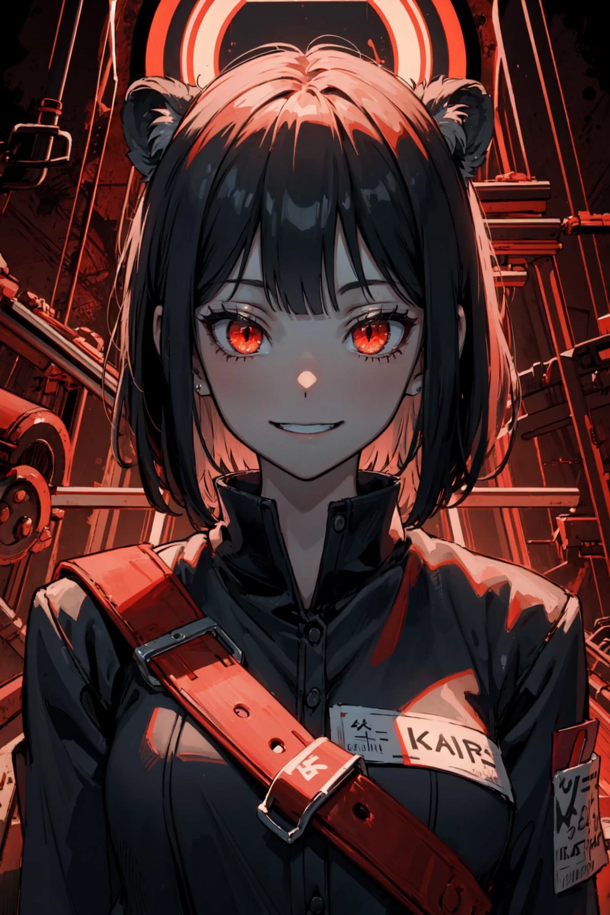 (best art,tyrannical,8k,golden ratio:1.3), perfect detail burning ruins background,ultra high temperature,atmospheric refraction,
dark red theme, red theme, (white skin,1girl,black short hair,red glowing eyes,ferocious smile,crazy:1.3),
ultra high res, masterpiece, best quality,<lora:Ryoshu-05:0.8> <lora:SlitPupils:0.5> IncrsSlitPupil, slit pupils