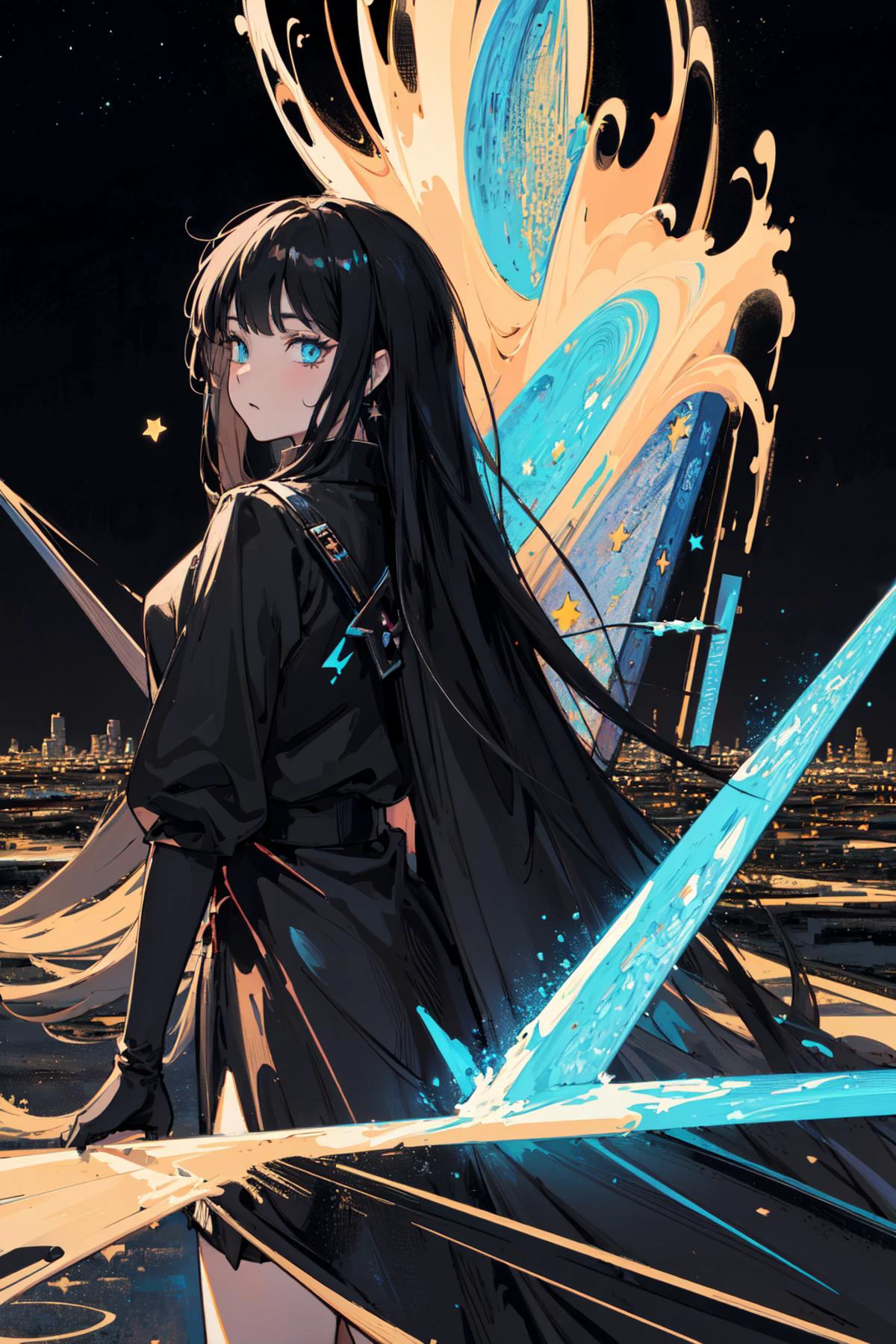 super detailed, (glowing background:1.25),(best art,masterpiece,best quality,:1.5),
(black theme,:1.3)
,8k,high-res,highest details,
1 girl,
,flowing colorful ink,cross the stars, blackhole, clean cuts, paper, sharp edges, minimalist, color block, <lora:Ryoshu-05:0.8>