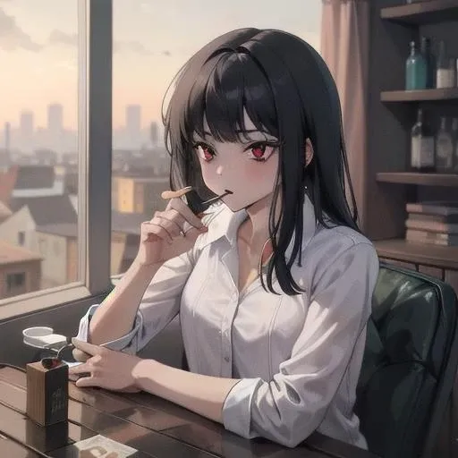 masterpiece, best quality, 1girl, red eyes, black hair, bangs, white shirt, cigaratte, smoking, cigar, <lora:Ryoshu-05:1>
