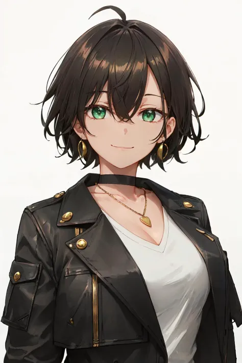<lyco:free_style:1.0>free style, 1girl, solo, jewelry, jacket, earrings, short hair, looking at viewer, smile, black jacket, choker, upper body, leather jacket, shirt, green eyes, white shirt, brown hair, necklace, leather, closed mouth, hair between eyes, open jacket, bangs,white abckround