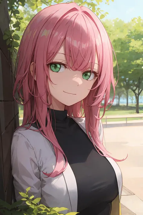 <lyco:free_style:1.0>free style, 1girl, solo, pink hair, green eyes, black crop, sad smile, park background, close-up,