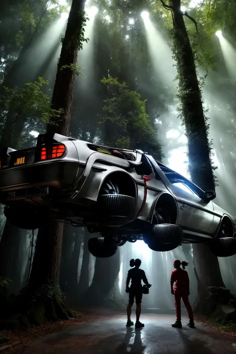 <lora:DeLorean_v1:1> masterpiece, photorealistic highly detailed 8k Time-Lapse of Changing Light Conditions, best cinematic quality, volumetric lighting, bfdlrn, levitating, opendoor, full of busy people in Enchanted Forest Clearings