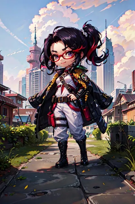 <lora:ChibiChampions_style:0.7> (ChibiChampions:1), (chibi:1), full body,, ultra detailed, masterpiece, best quality, aesthetic, detailed,, solo, smug smile, 1girl, purple eyes, red-framed eyewear, (black hair, red colored tips:1.2), red streaked hair, very long hair, side ponytail, tied hair, medium breasts,, <lora:StS-Coat-and-Jacket-On-Shoulders-Iteration2:0.7> dataset, jacket on shoulders, coat on shoulders, red dress, sleeves rolled up, fingerless gloves, holster, belt, multiple belts, combat boots, bulletproof vest, pants, black coat, tactical clothes,