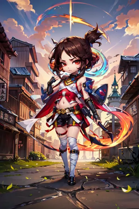<lora:ChibiChampions_style:0.7> (ChibiChampions:1), (chibi:1), full body,, ultra detailed, masterpiece, best quality, aesthetic, detailed,, solo, frown,
1girl, red eyes, <lora:Tsurime3:1>, (tsurime:1.2), brown hair, medium hair, asymmetrical bangs, swept bangs, parted bangs, cowlick, parted bangs, flipped hair, <lora:foldedponytail:1> foldedponytail, folded ponytail, (small breasts:1.3),, fingerless gloves, shimenawa hair tie, sleeveless turtleneck, crop top, groin, (shimenawa:1.3), (shimenawa sash:1.3), (overskirt:1.2), shorts, flats, bandages, bandaged arm, bare legs, navel,